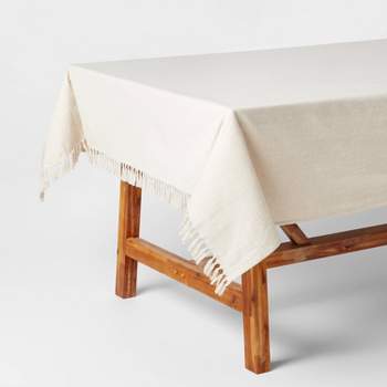 60" x 84" Cotton Slub Tablecloth with Tied Fringe Light Beige - Threshold™
