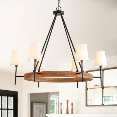 Rennnsan Raffix 40" W 6 -Light Wood Dimmable Farmhouse Wagon Wheel Chandelier in Black
