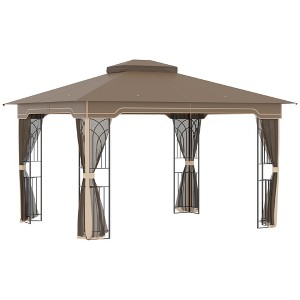 Outsunny 10' x 12' Patio Gazebo Outdoor Canopy Shelter with Double Tier Roof and Netting Sidewalls for Garden, Lawn, Backyard and Deck, Brown - 1 of 4