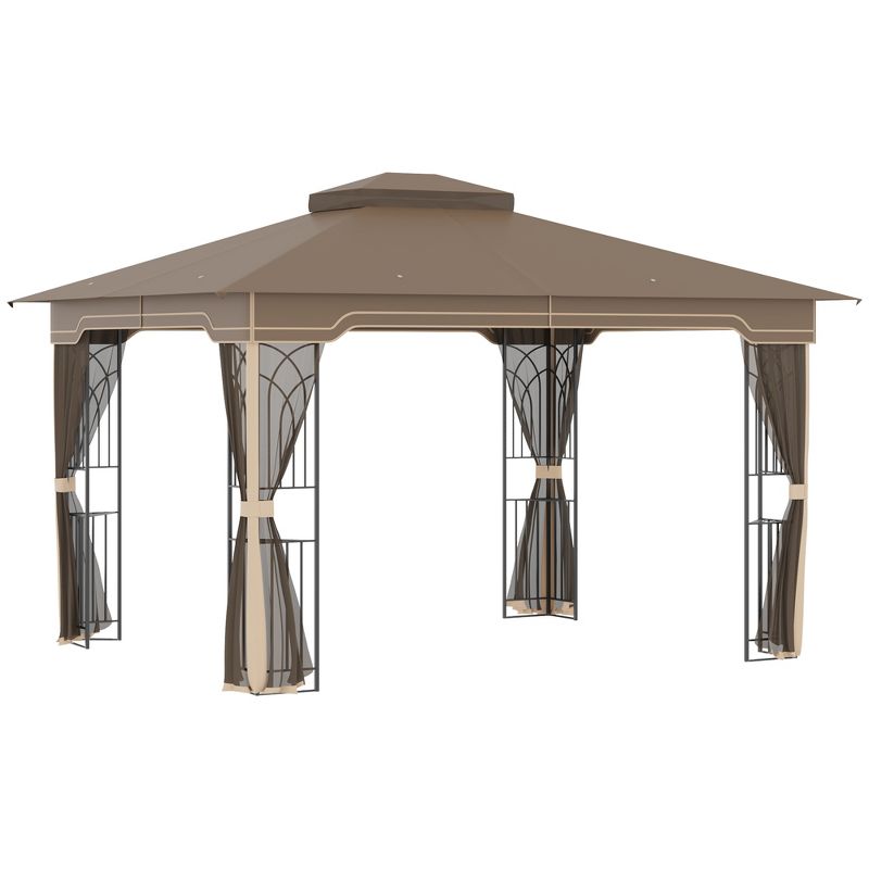 Outsunny 10' x 12' Patio Gazebo Outdoor Canopy Shelter with Double Tier Roof and Netting Sidewalls for Garden, Lawn, Backyard and Deck, Brown, 1 of 7