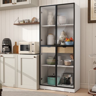 FONTOI Freestanding Storage Cabinet with Glass Doors, Display Case with 4-Tier Storage Shelves for Collectibles, Kitchen, White, 15.7"*68.3"*29.9"
