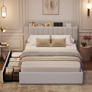 Bed Frame with Storage Headboard, Kids Bed Frame with 2 Drawers, Boucle Upholstered Platform Bed with Bookcase, No Box Spring Needed - 1 of 4