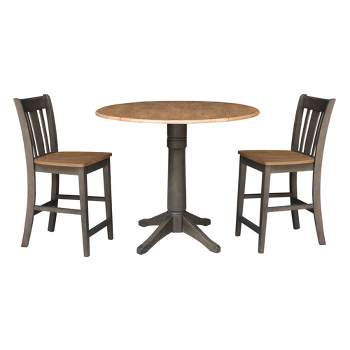 42" Round Dual Drop Leaf Counter Height Dining Table with 2 Splat Back Stools Hickory/Washed Coal - International Concepts