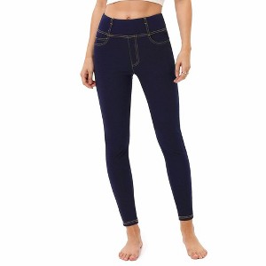 Women's Jeans High Waist Faux Denim Leggings with Pockets - 1 of 4