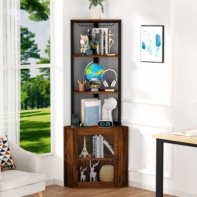 Vynxaria 65 - Inch Freestanding Corner Bookshelf with Doors, Wine Glass Rack and Charging Station