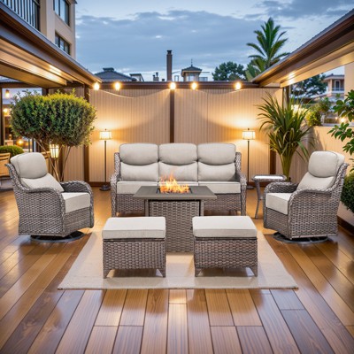 Buenhomino 7 Piece Wicker Outdoor Furniture Set with 6-inch Thick Cushion, High Back Patio Furniture Set with Swivel Rocking Chairs and Fire Pit Table