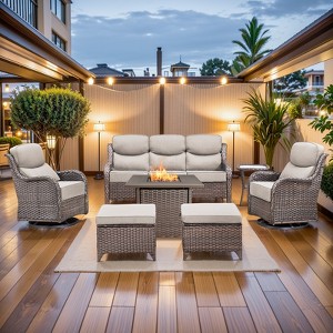 Buenhomino 7 Piece Wicker Outdoor Furniture Set with 6-inch Thick Cushion, High Back Patio Furniture Set with Swivel Rocking Chairs and Fire Pit Table - 1 of 4