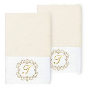 Linum Home Textiles 100% Turkish Cotton MONICA Gold Thread 2PC Embellished Hand Towel Set - 1 of 3
