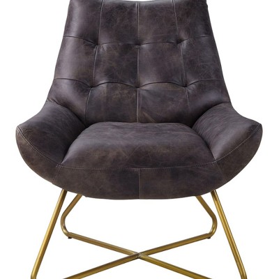 34" Antique Ebony Top Grain Leather & Wood Accent Chair