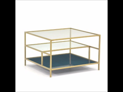 Satin Gold Square Coastal Glass Coffee Table with Abstract Shelves
