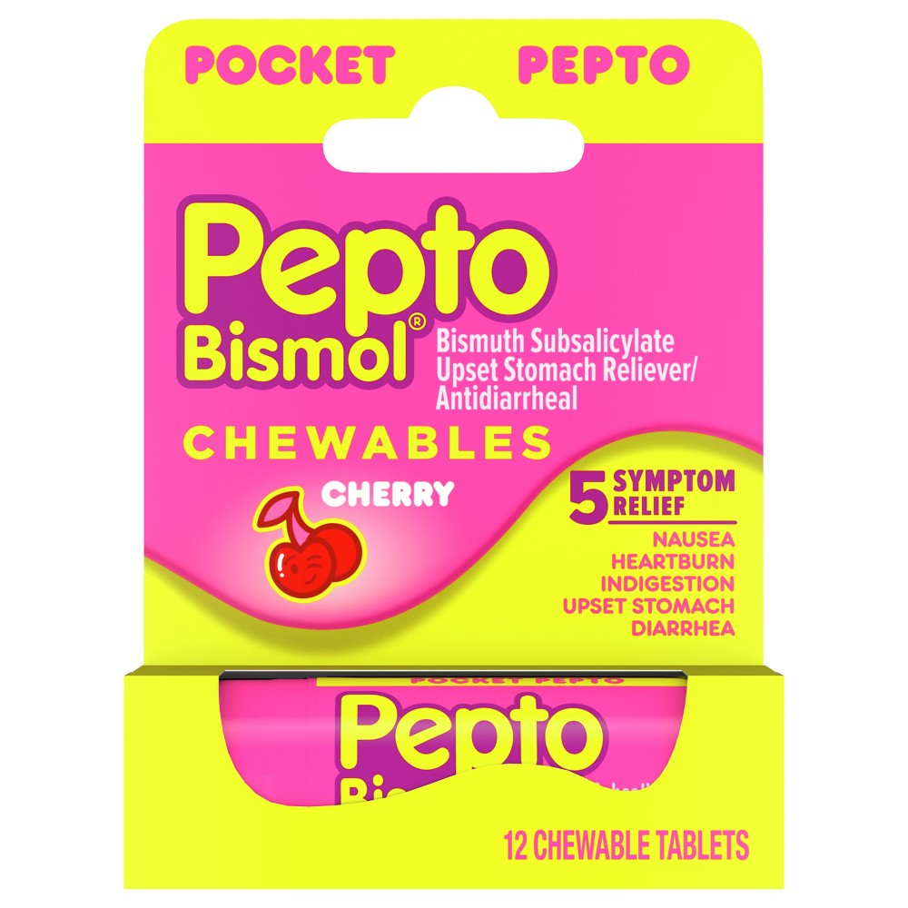 Pepto-Bismol To-Go Chewable Tablets, Upset Stomach Relief, Anti Diarrheal - Cherry - 12ct