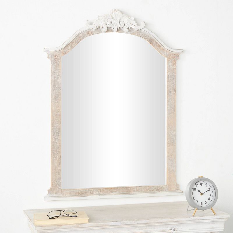 Olivia &#38; May 37&#34;x28&#34; Wooden Arched Scroll Wall Mirror with Brown Distressing Cream, 2 of 9