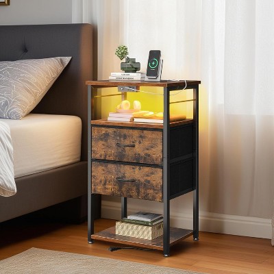 Tall Nightstand with Charging Station and LED Lights, Bedside Table with Fabric Drawers