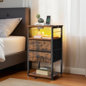 Tall Nightstand with Charging Station and LED Lights, Bedside Table with Fabric Drawers - 1 of 4