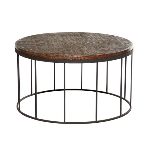 Large Contemporary Mango Wood And Metal, Round Wood And Metal Coffee Table With Wheels