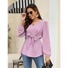 Womens Tops Long Sleeve V Neck Tunic Blouse Tie Waist Tops Retro Pelpum Tops Lantern Sleeve Blouse with Front Tie Knot - 2 of 4