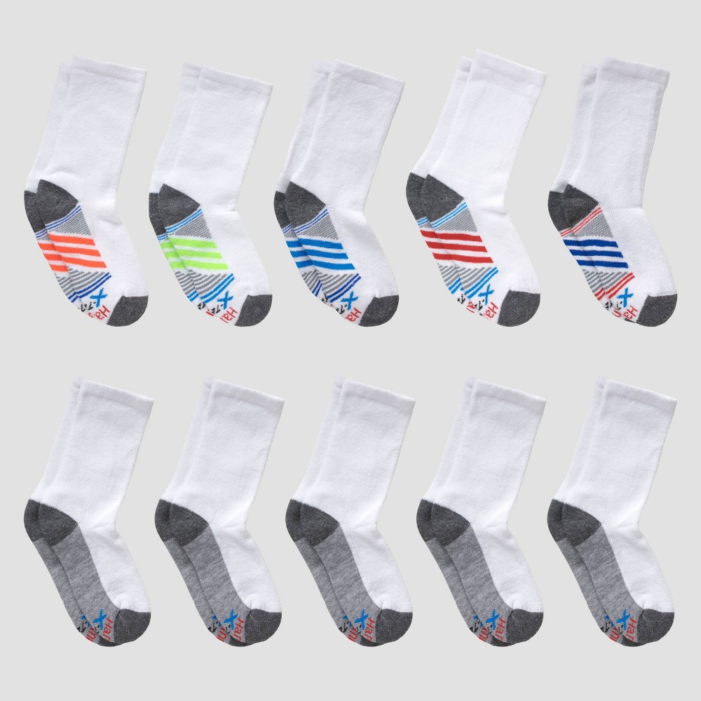 Hanes Boys' 10pk Premium Crew Socks - White L