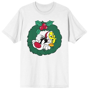 Looney Tunes Sylvetster And Tweety Christmas Wreath Crew Neck Short Sleeve Women's White T-shirt - 1 of 3