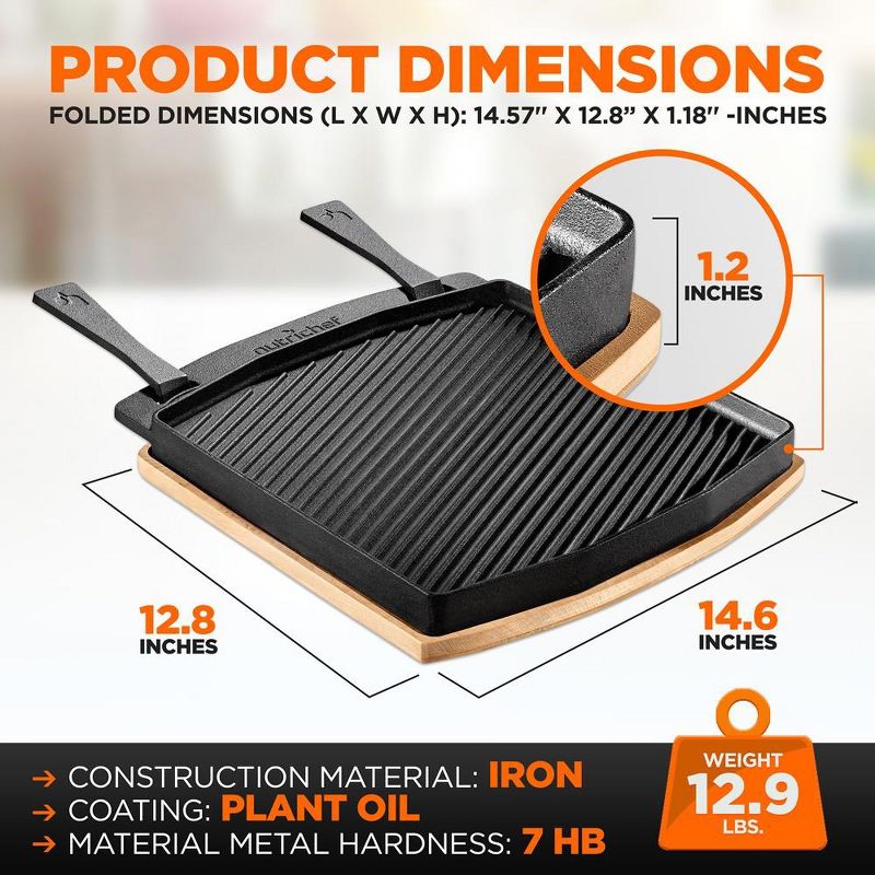 NutriChef Cast Iron Flat Grill Plate Pan - Reversible Cast Iron Griddle, Classic Flat Grill Pan Design with Scraper, 2 of 4