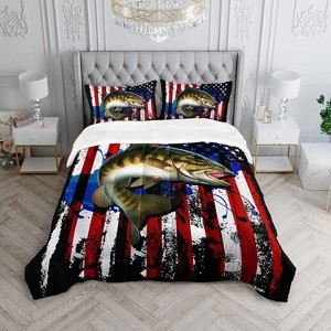 Boersma Big Pike Fishing Comforter Set,Bass Fish American Flag Pattern Hunting and Fishing Bed Set Queen Size for Boys Room Decor - 1 of 4