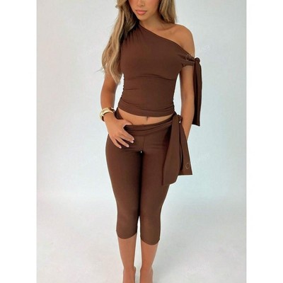 Mocamel Women Summer Simple Solid Color Asymmetrical Neck Top And 7/8 Pants
