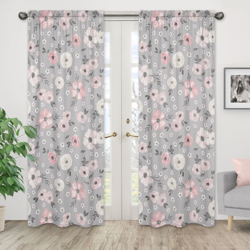 Sweet Jojo Designs Window Curtain Panels 84in. Watercolor Floral Grey Pink White, 2 of 6