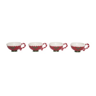 Transpac Ceramic Poinsettia Tea Cup Set of 4 Christmas Home Decorations