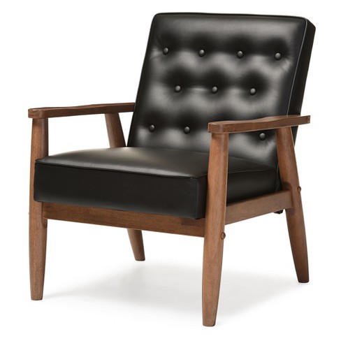 Black Leather and Cherrywood Lounge Chair with Curved Arms for sale at  Pamono