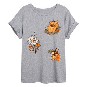 Women's - Instant Message - Fall Pumpkin And Flowers Oversized Graphic T-Shirt - 1 of 4