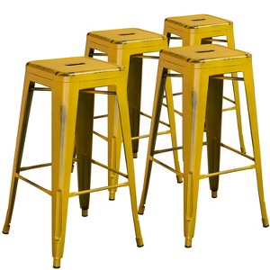 Emma and Oliver Commercial Grade 4 Pack 30" High Backless Distressed Metal Indoor-Outdoor Barstool - 1 of 4