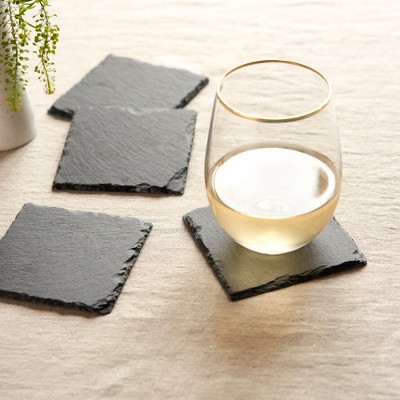 Twine Black Slate Square Coasters with Velvet Backing, Set of 4