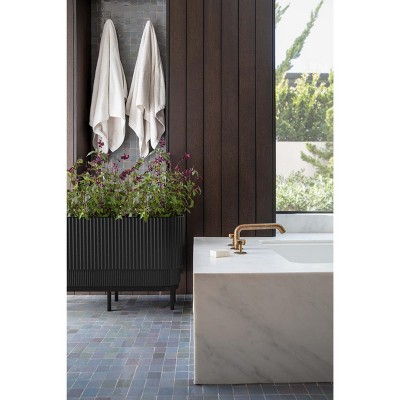 30" Black Plastic-Stone Raised Planter with Acacia Wood Stand