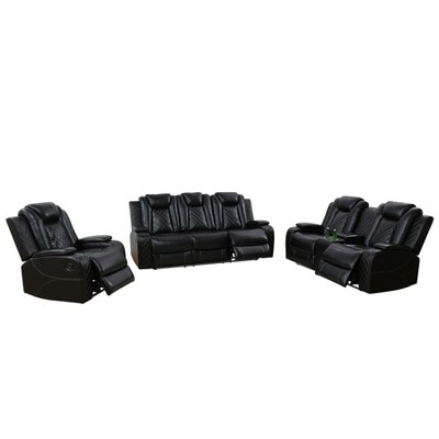 Tribesigns Breathable Leather Recliner Sofa Set with Adjustable Angle, Storage Buckets, Wireless Charger & LED Lighting,Black,for Living Room.