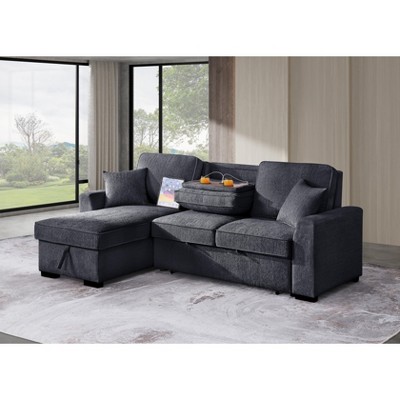 Hybition Reversible Sleeper Sofa with Pull Out Bed,L Shaped Convertible Chenille Couch with Storage Chaise & USB Charging for Living Room Apartment