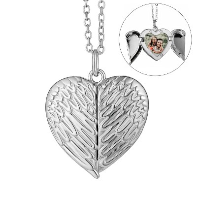 Silver Alloy Heart Locket Necklace with Wing Detail, Modern O-Link Chain, Photo-Holding Pendant, Unisex Sentimental Jewelry for Daily Wear & Gifting