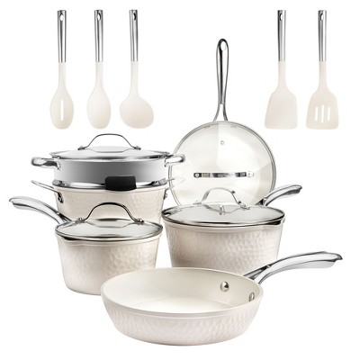 Cream Hammered 15-Piece Ceramic Nonstick Cookware Set with Utensils