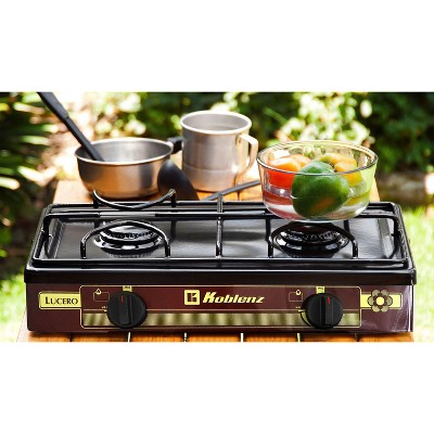 Maroon Portable 2-Burner Outdoor Gas Stove with Porcelain Top