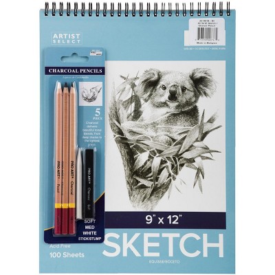 Artist Select Sketch Pad 9"X12" & 5pc Charcoal Pencil Set-100 Sheets