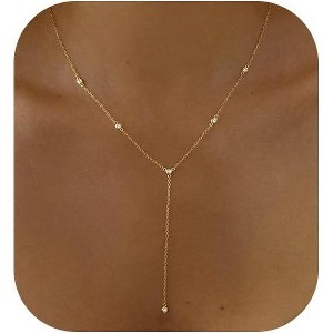 14K Gold Plated Lariat Necklace – Dainty CZ Bar Pendant, Boho Fashion Jewelry for Women - 1 of 4