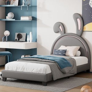 CAVINAS Twin/Full Size Upholstered Leather Platform Bed with Rabbit Headboard,Wooden Bed Frame for Kids Room,Bedroom - 1 of 4
