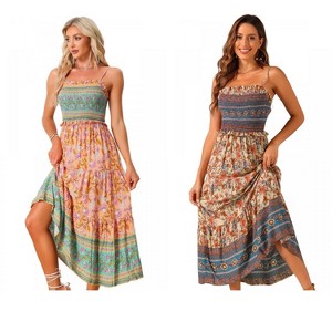 INSPIRE CHIC Women's Summer Spaghetti Strap A-Line Flowy Smocked Midi Boho Floral Sundresses 2 Packs - 1 of 4