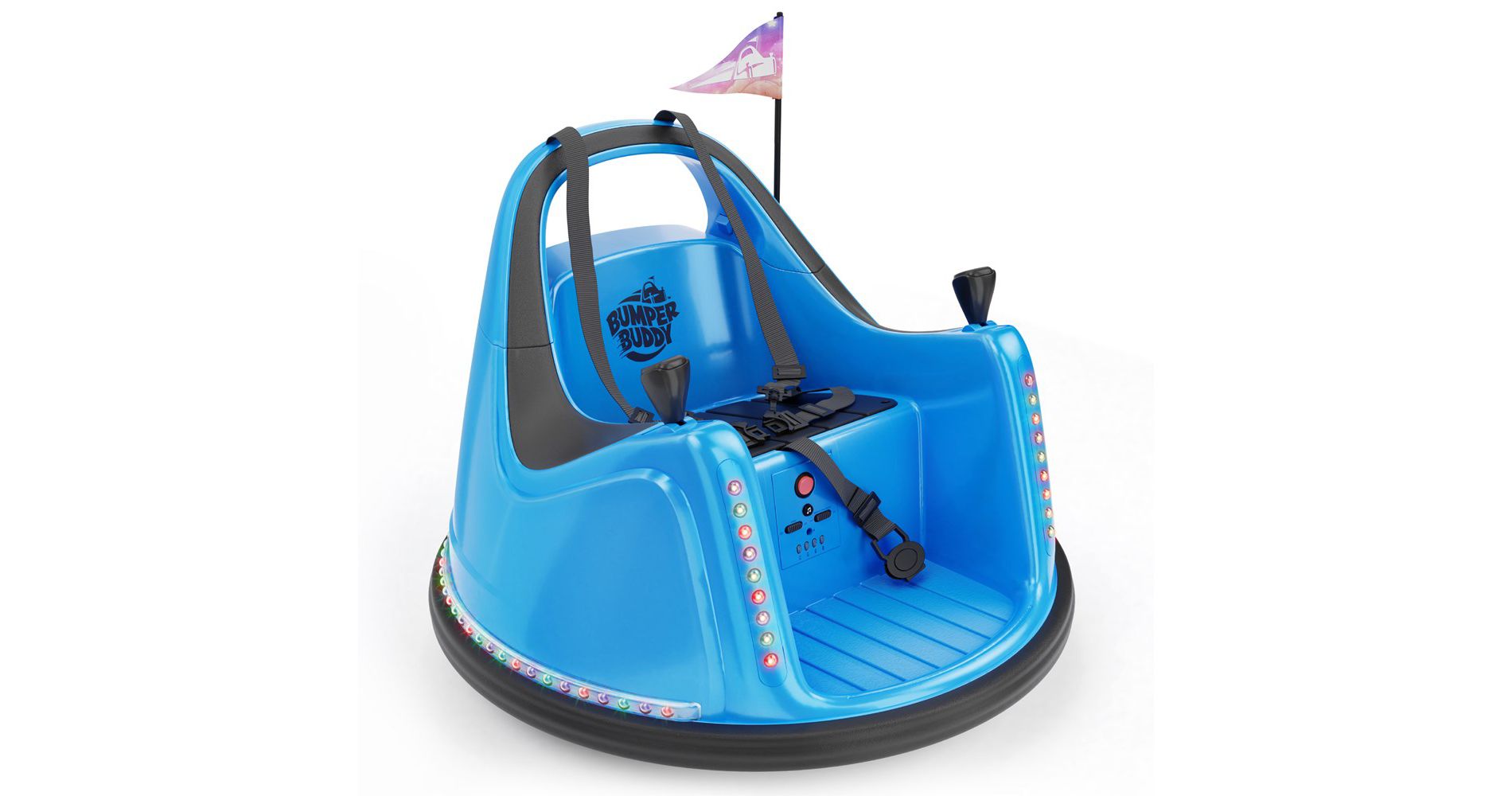 Bumper Buddy Electric Rechargeable Bumper Car for Kids – 360° Spin, Multi-Color Lights, Music, Remote Control, 2 Speeds, 5-Point Safety Harness – Blue