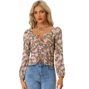 INSPIRE CHIC Women's Crisscross Halter Neck Cut Out Long Sleeve Floral Keyhole Blouse - 1 of 4