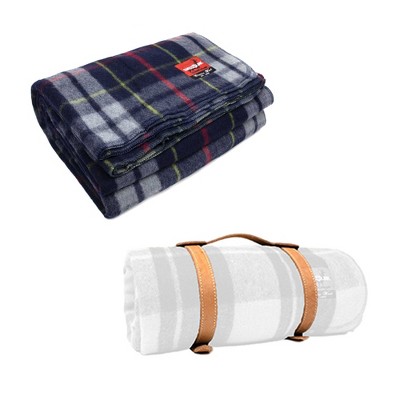 Swiss Link Military Surplus 90 x 62 Inch Blue Gray Plaid Classic Wool Throw Blanket & Genuine Leather Adjustable Carrier for Blankets & Sleeping Bags