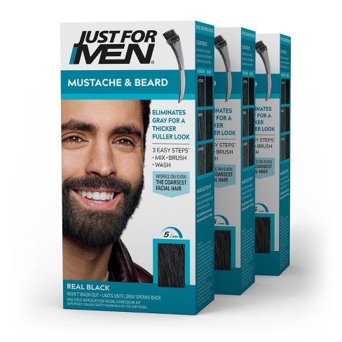 Just For Men Mustache & Beard Coloring for Gray Hair with Brush Included -  Real Black M55 - 3pk