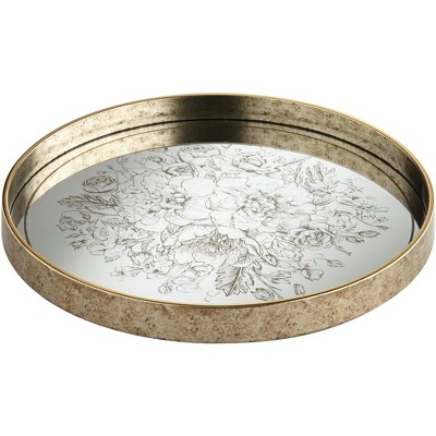 Dahlia Studios Floral Center Painted Gold and White Round Decorative Tray