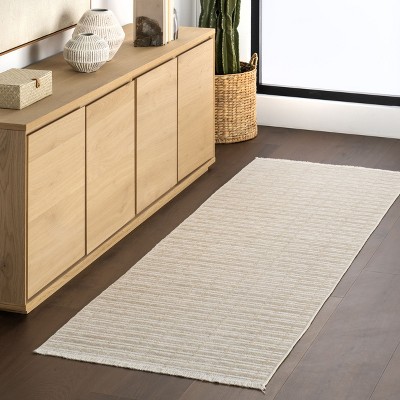 Beige and White Striped Washable Cotton Viscose Rug