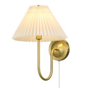 Globe Electric 1-Light Matte Brass Plug-In or Hardwire Wall Sconce with Off-White Pleated Fabric Shade - 1 of 4
