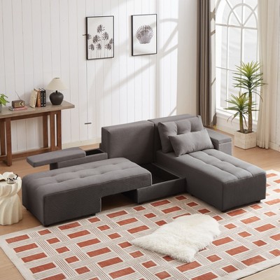 TiramisuBest Convertible 3 in 1 Sleeper Sofa and Sectional Sofa with 4 Storage Space for Living Room,Corduroy Couch With 4 pillows,Corduroy