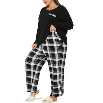 Agnes Orinda Women's Plus Size Check Stretch Glen Plaid Long Sleeve Pocket Casual Pajama Sets